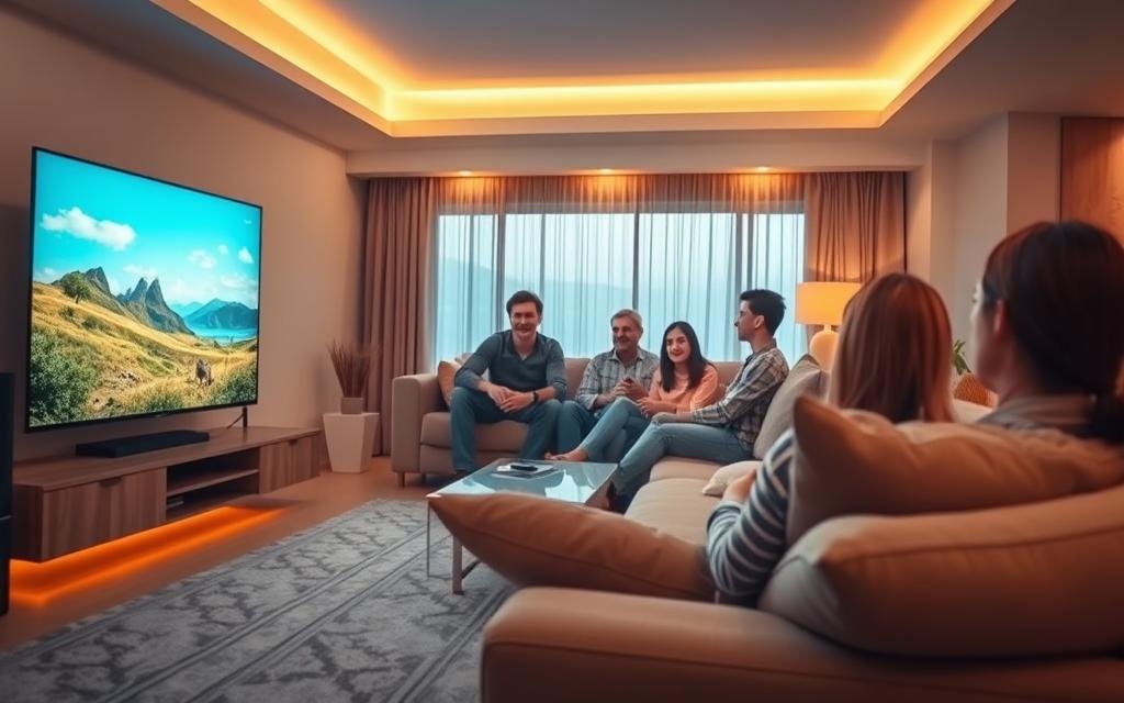 A high-definition living room scene showcasing a premium IPTV viewing experience. In the foreground, a sleek, modern smart TV displays vibrant, crystal-clear images of nature landscapes, with rich colors and fine details. A cozy, stylish couch is positioned centrally, adorned with plush cushions, enhancing the comfort of the scene. In the middle, a family of four, dressed in casual but neat clothing, is engaged in watching their favorite show, radiating a sense of connection and enjoyment. The background features warm lighting that casts a relaxing ambiance, highlighting the contemporary decor and making the space feel inviting. Use a slightly elevated angle to emphasize the luxurious setup, creating a serene and comfortable atmosphere that embodies the essence of premium quality viewing.