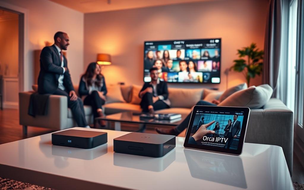A modern living room designed for streaming, bathed in warm, inviting lighting that suggests comfort and relaxation. In the foreground, a sleek, minimalist coffee table holds the latest streaming device and a tablet displaying an interface of the Orca IPTV service. The middle ground features a stylish couch with neatly arranged cushions, where a diverse group of three people, dressed in professional business attire, are engaged in an animated discussion about their favorite shows. In the background, a large flat-screen TV shows vibrant visuals from a popular streaming series. The atmosphere is lively yet cozy, embodying the essence of modern entertainment culture in France. The image captures clarity and detail, with the light coming from a window, emphasizing a feeling of openness and warmth.
