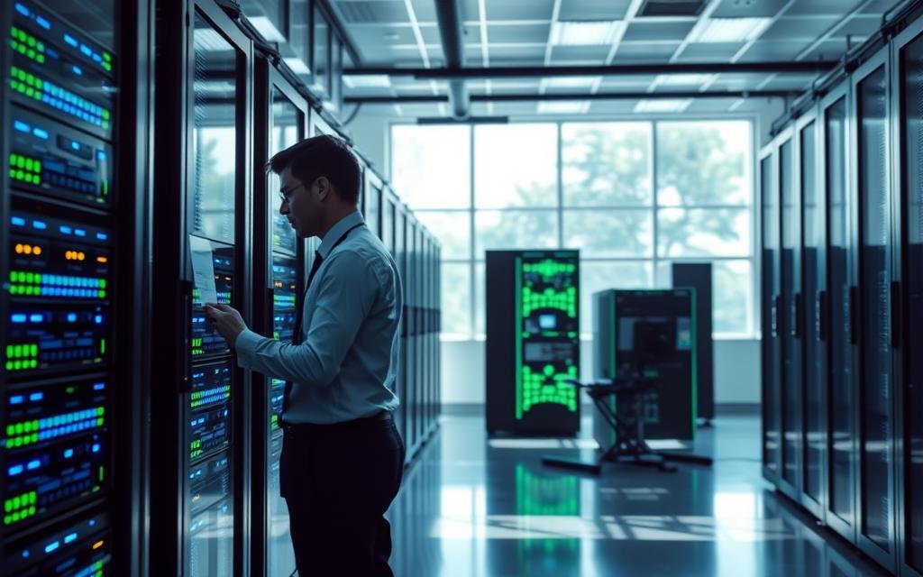 A modern, sleek server room filled with high-tech equipment, showcasing rows of illuminated servers with blinking lights in a cool blue and green color palette. In the foreground, a technician in professional attire inspects a server rack, standing focused and engaged. The middle ground features additional server racks and network equipment, all connected with glowing cables, hinting at a stable and efficient streaming environment. In the background, large windows allow natural light to pour in, creating a pleasant and futuristic atmosphere. The image should evoke feelings of reliability and cutting-edge technology, captured in a well-lit, sharp-focus angle that highlights the precision and stability of the setup.