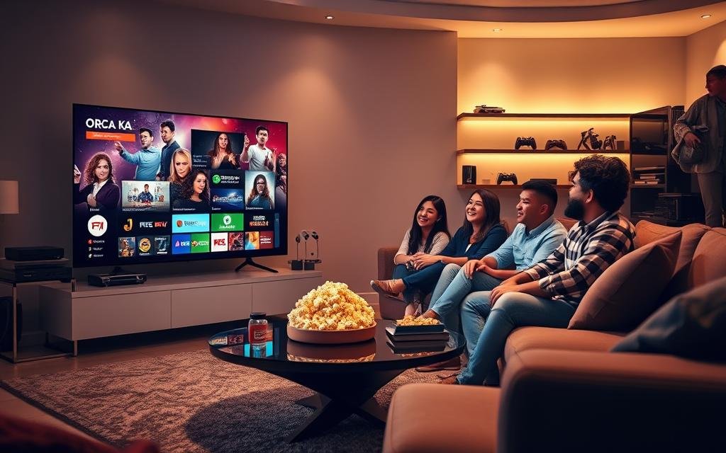 A visually captivating image depicting the essence of Orca IPTV content. In the foreground, a modern living room with a sleek, large TV displaying the Orca IPTV interface, showcasing a variety of vibrant streaming channels. A family of four, dressed in casual attire, is gathered on a cozy sofa, engaged in watching a movie, with expressions of joy and excitement. In the middle ground, a stylish coffee table holds popcorn and drinks, enhancing the home entertainment vibe. The background features soft ambient lighting, with shelves of DVDs and gaming consoles, creating a warm and inviting atmosphere. The overall mood is lively and family-friendly, emphasizing the comprehensive entertainment options available through the official Orca IPTV subscription.